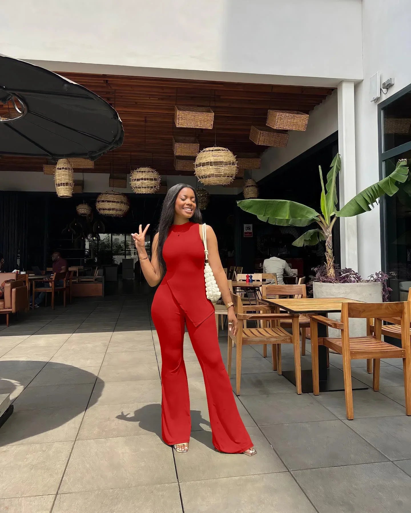 Two Piece Sets Women Pant Sets Elegant Bodycon Pants Sleeveless Matching Sets Sexy Side Irregular Tank Top Flare Leg Tracksuit