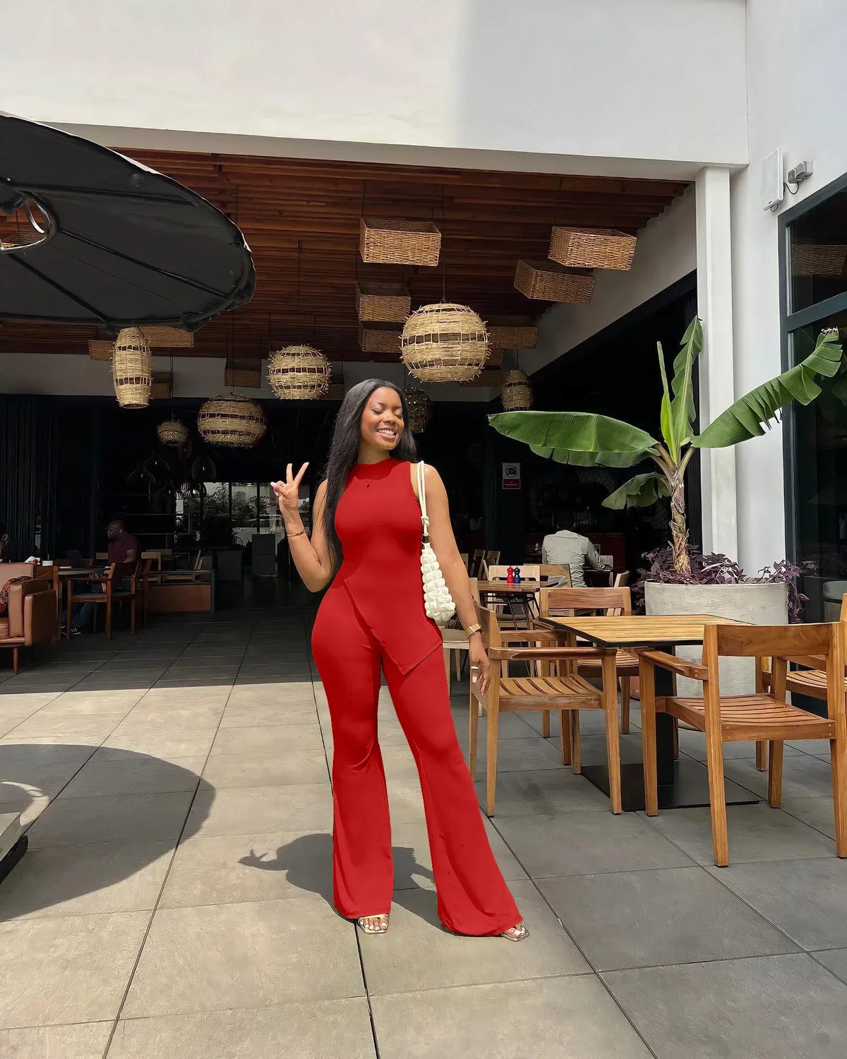 Sleeveless Asymmetric Tank Top & Flare Leg Pants Two-Piece Set | Inspired by Neslihan Atagül