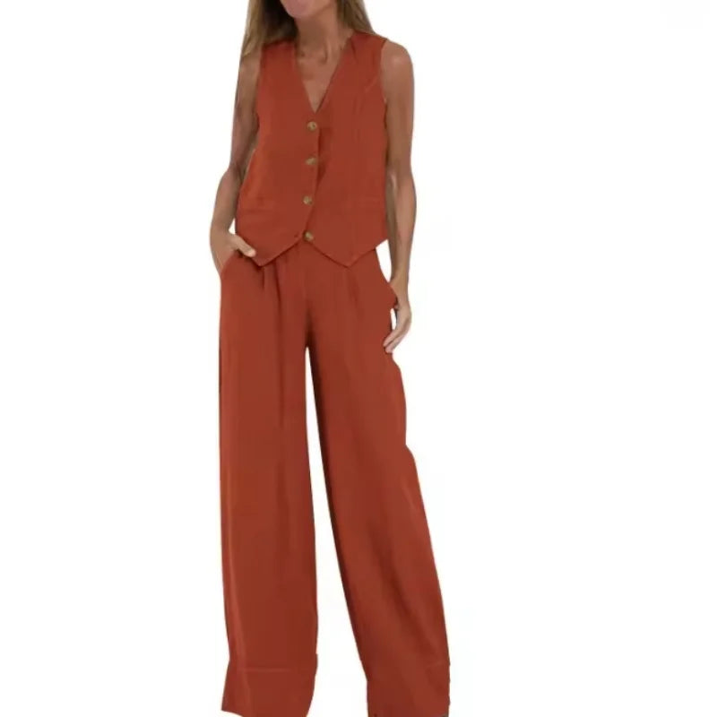 Womens Cotton Linen 2 Piece Sets  Sleeveless Suit Button V-Neck Vest and Wide Leg Pants Casual Blazer Matching Outfit