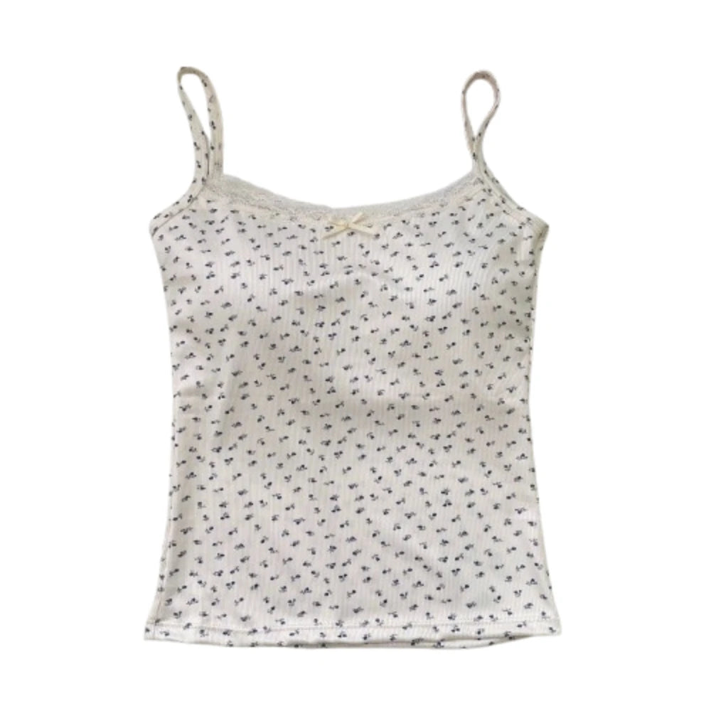 Elegant Sweet Floral Tank Tops Bowknot with Cups Pad Lace Vest T-Shirt Sleeveless Casual Y2k Crop Top Spring Summer