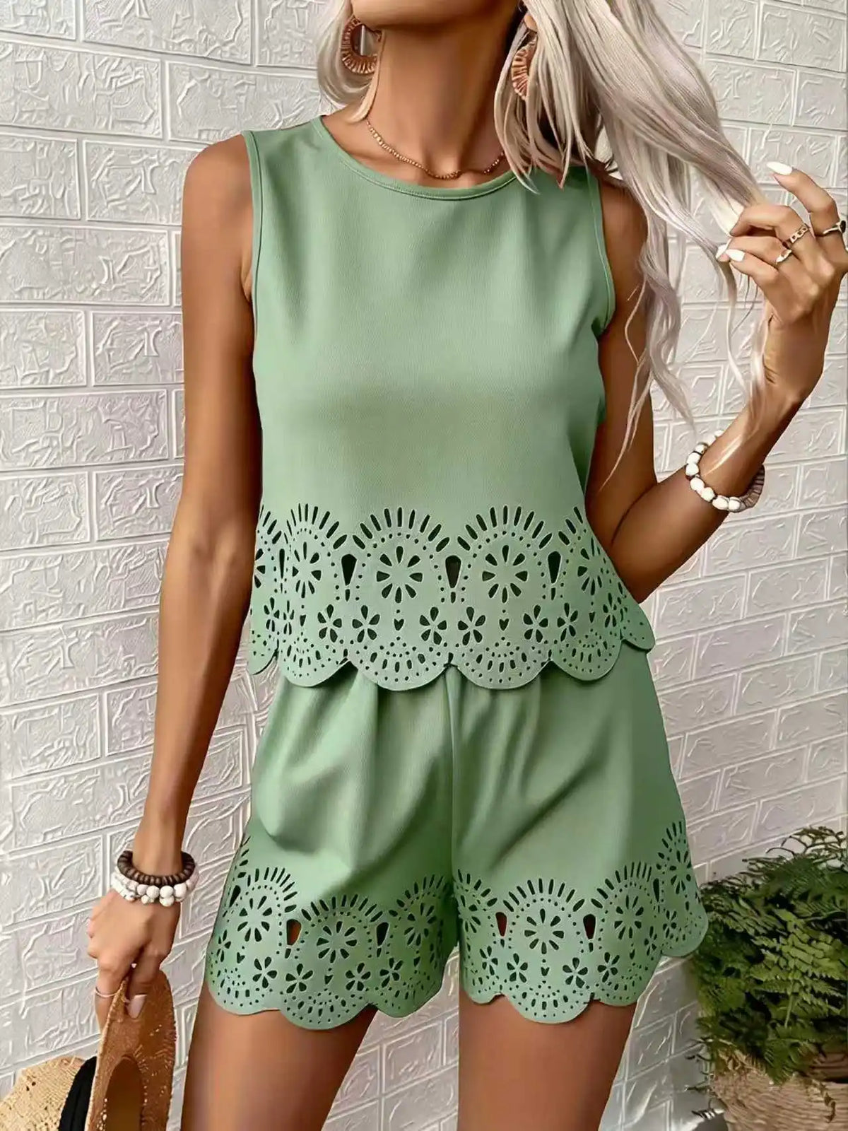 Hollow Out Print Loose Short Sleeve Shorts 2-Piece Set | Inspired by Neslihan Atagül