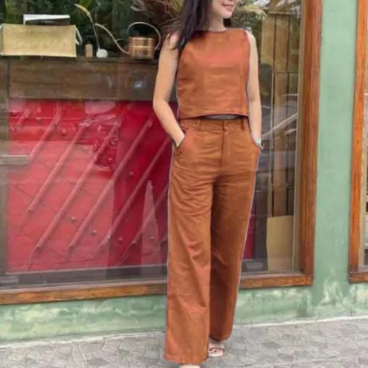Women's Cotton Linen Set Casual Fashion Wide Leg Pants Sleeveless Pockets Solid Color Ensemble Elegant Versatile Outfit