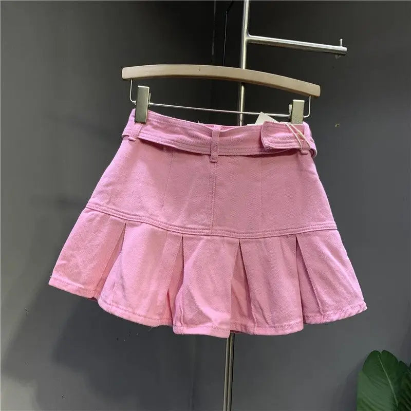 Sweet Fresh Pink Denim Skirt for Women Summer Fashion New Pleated A-line Skirts Casual All-match High Waist Faldas Sexy Mujer