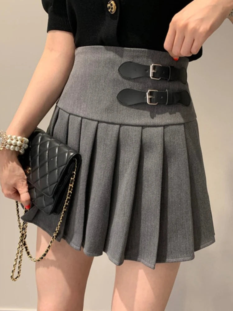 Buckle Pleated Mini Skirt High Waist Short Skirts Women Skort Y2K Black Goth Academia Preppy Style