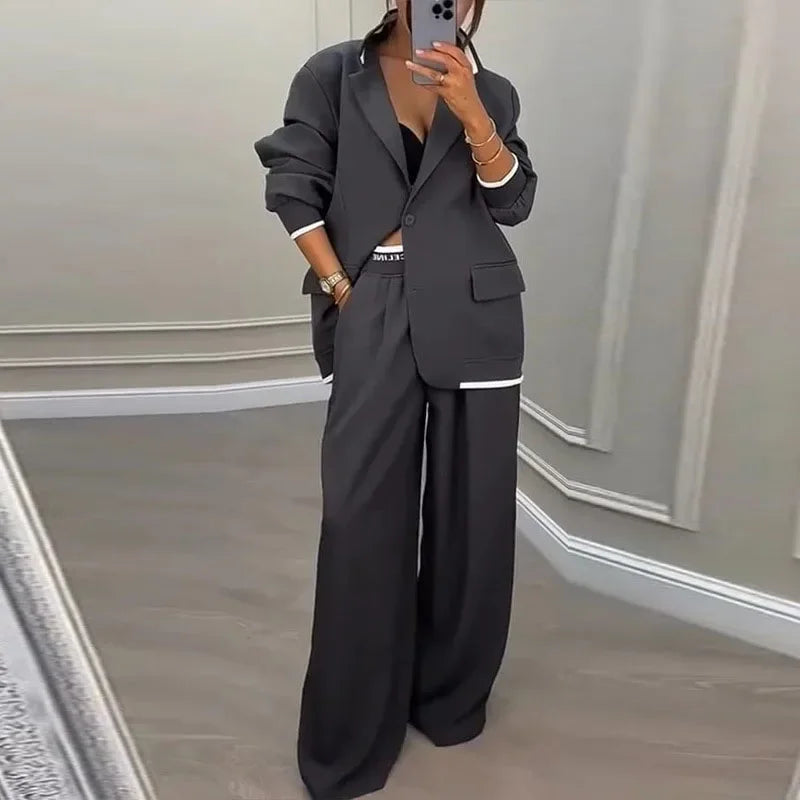 Women's Pants Suit Loose Solid Color Autumn Winter Commuting Long sleeved Lapel Top Wide leg Trousers Two piece Set Clothing