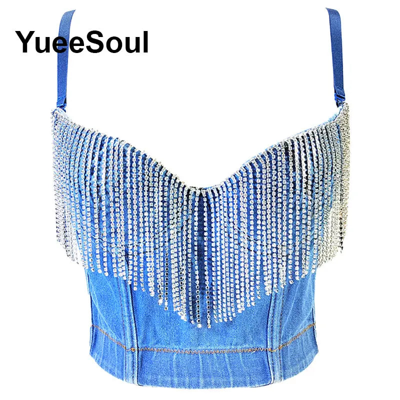 Denim Crop Tops Pearl Tassel Diamond Flower Blue Sleeveless Sexy Corset 2000s 2026 Summer New Y2K Party Evening Woman Clothes