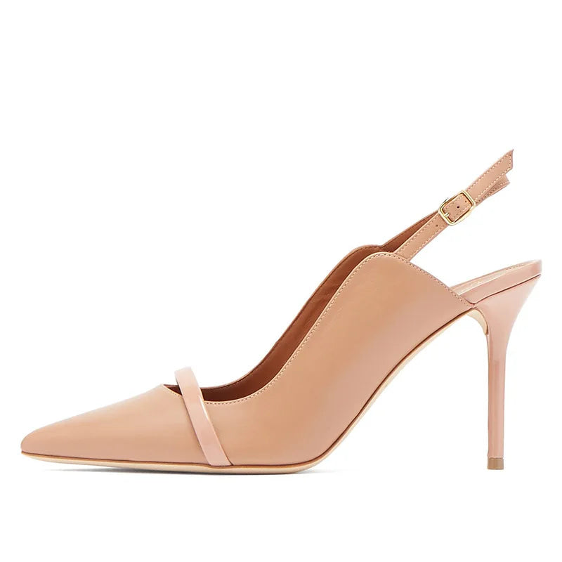 New 2026 Women's Nude Sandals Pointed Toe Back Strap Slingback Thin High Heels Shallow Fashion Party Sandals Summer Heel Mules