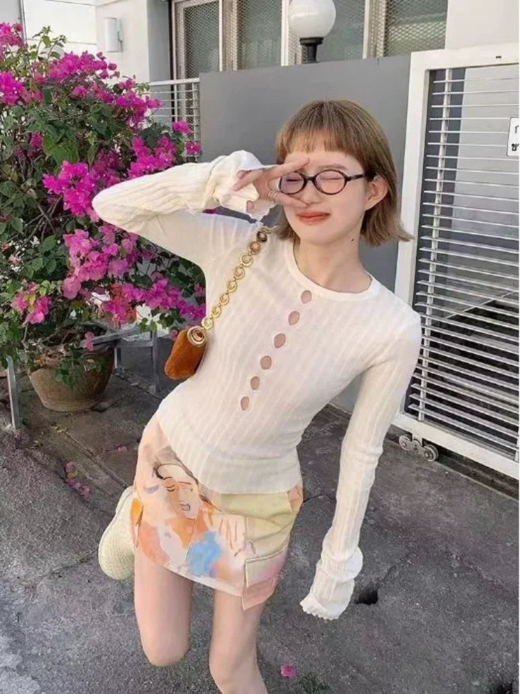 American retro spicy girl hollow hole knitted women's sweater autumn and winter Y2K retro slim fit women's tops millennium style