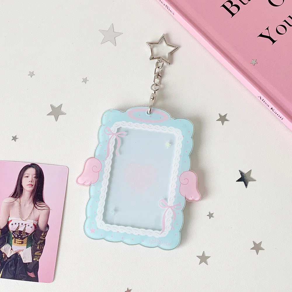 Kawaii 3-inch Photocard Holder with Wing Charm Keychain Kpop Idol Photo Sleeve for Student ID Bag Pendant Cute Card Protector