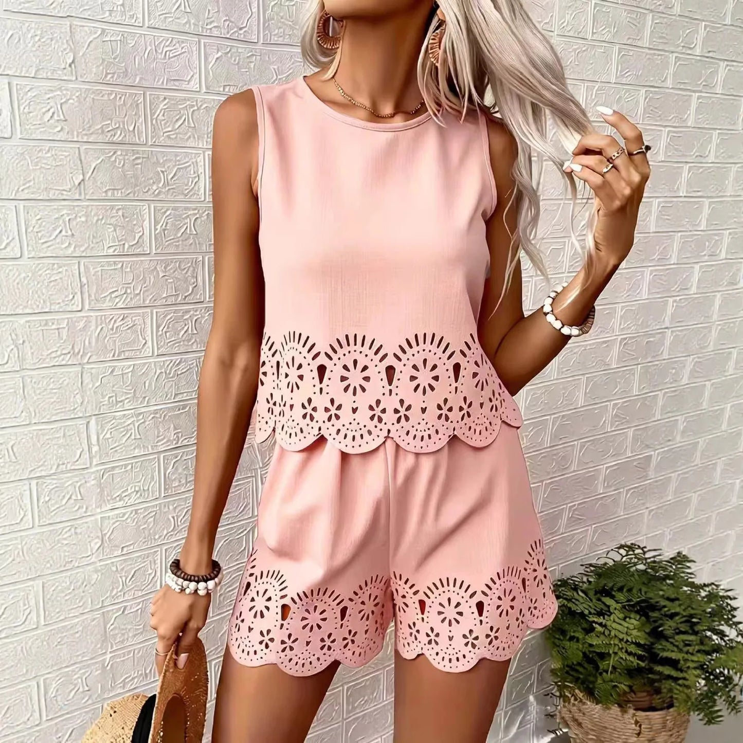 Hollow Out Print Loose Short Sleeve Shorts 2-Piece Set | Inspired by Neslihan Atagül