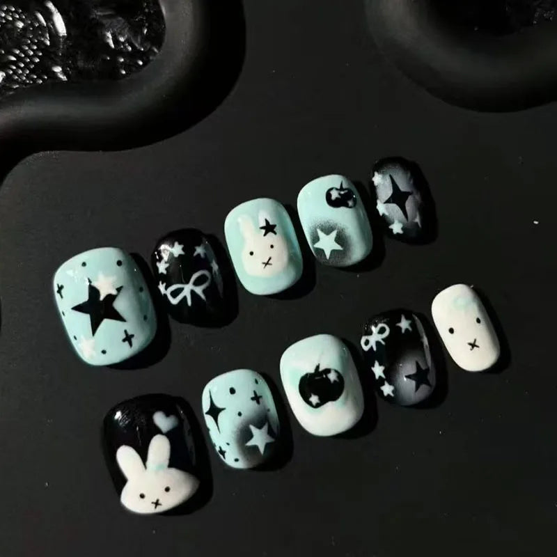 30Pcs Short Round Press On Nails Cat Eye Fake Nails With 3D Pink Star White Star Print Pink Polka Dot Full Cover False Nail