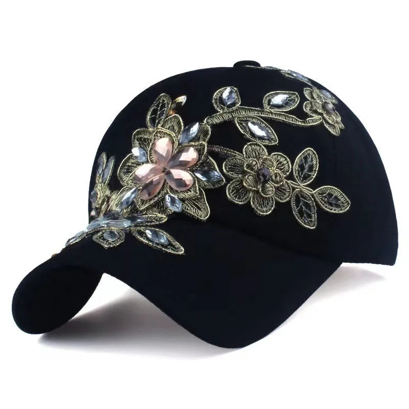 Ladies' Denim Hat Handcrafted Diamond-Studded Baseball Cap Floral Hat Fashion Rhinestone Visor Cap