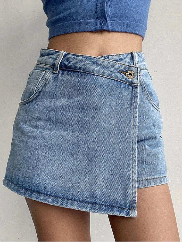 2026 Summer Women High Waist A-line Shorts Light Color Fake Two-piece Design Elegant Slimming Hot Girl Pants Denim Short Skirt