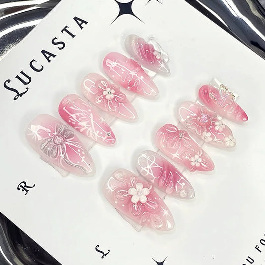 24pcs/30pcs/set Medium long 3D fake nails flowers golden foil bow rhinestones pink white leopard nail tips press on false nails