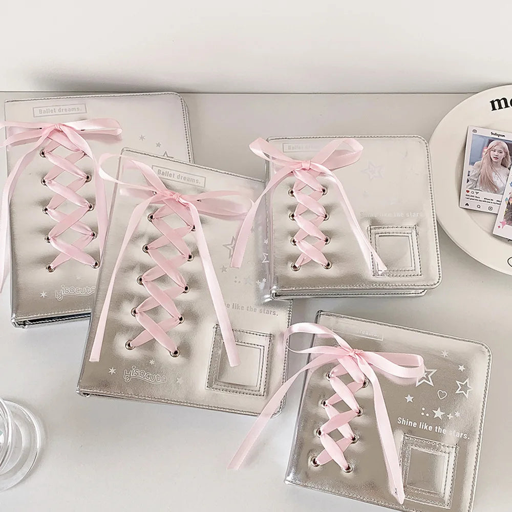 A5 A7 Silver PU Leather Photocard Binder Album Photos Cards Book Pink Bowtie Decor Instax Mini Collect Scrapbooking Scrap Album