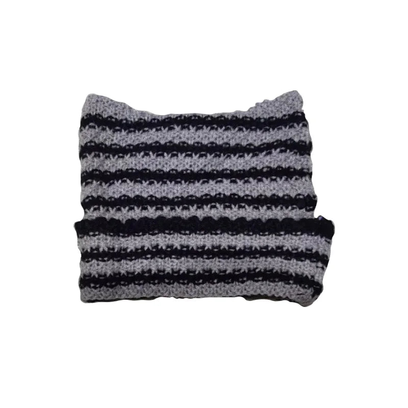 Y2K Cat Ears Striped Knitted Beanie | Inspired by Wonyoung
