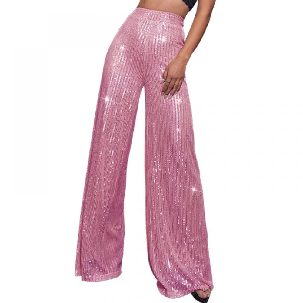 New Women Casual Sequin Sparkle Glitter Pants High Waist Flared Pants Elastic Loose Wide Disco Trousers Clubwear  Costumes