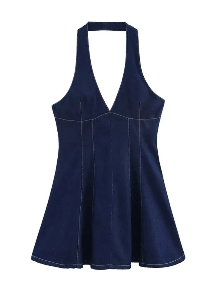 Chu Sau beauty Women New Fashion Vintage Halter Neck Chic Sleeveless Short Denim Dress Sexy Slim Backless Mini Dresses