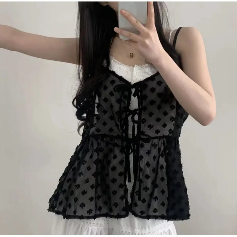 Korean Chic Mesh See Through Layering Camisole Solid V Neck Lace Up Spaghetti Strap Vest Summer Fashion Design Transparent Top