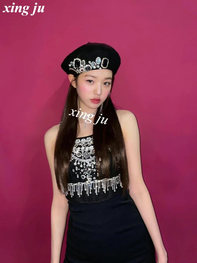 Female Singer Kpop Stage Outfit Black Shiny Rhinestone Sling Short Dress Women Group Jazz Dance Costume Stage Performance Wear