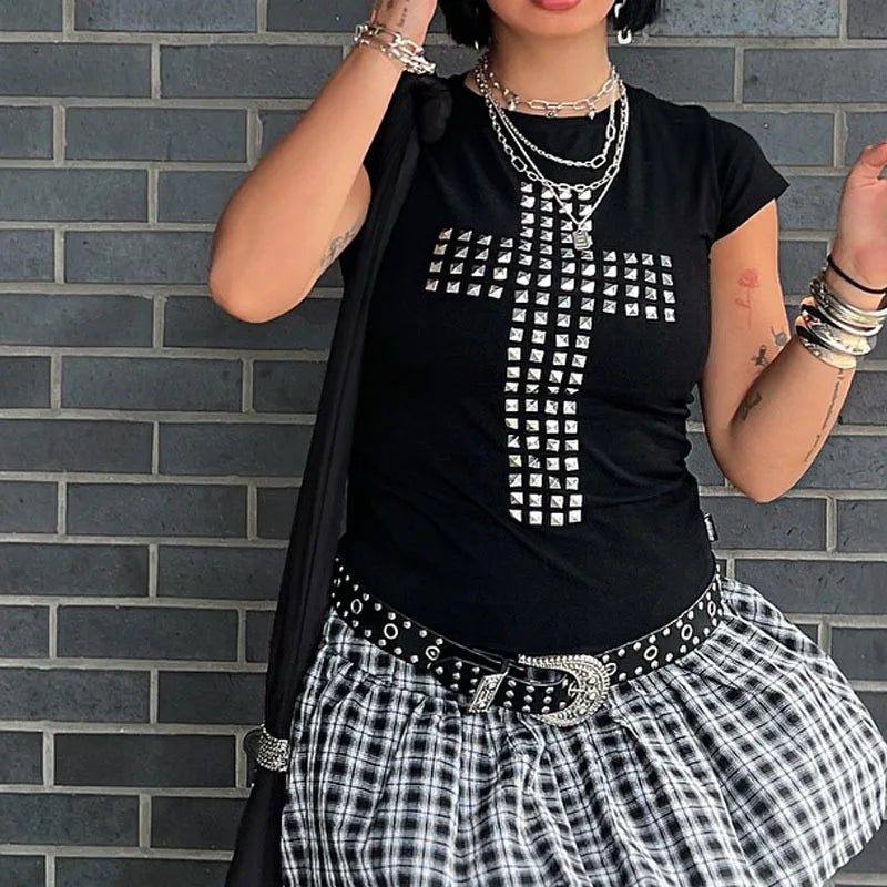 American Dark Gothic Square Rhinestone Cross Pattern O Neck Short Sleeve Tees Summer Hole Openwork Backless Sexy Spicy Girl Tops
