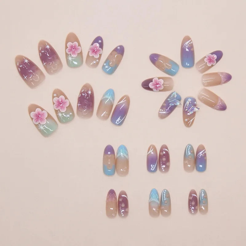24PCS Sweet Purple Gradient French False Nails with Glue 3D Flowers Butterfly Ripples Almond Press on Nails Aurora Nails Patches