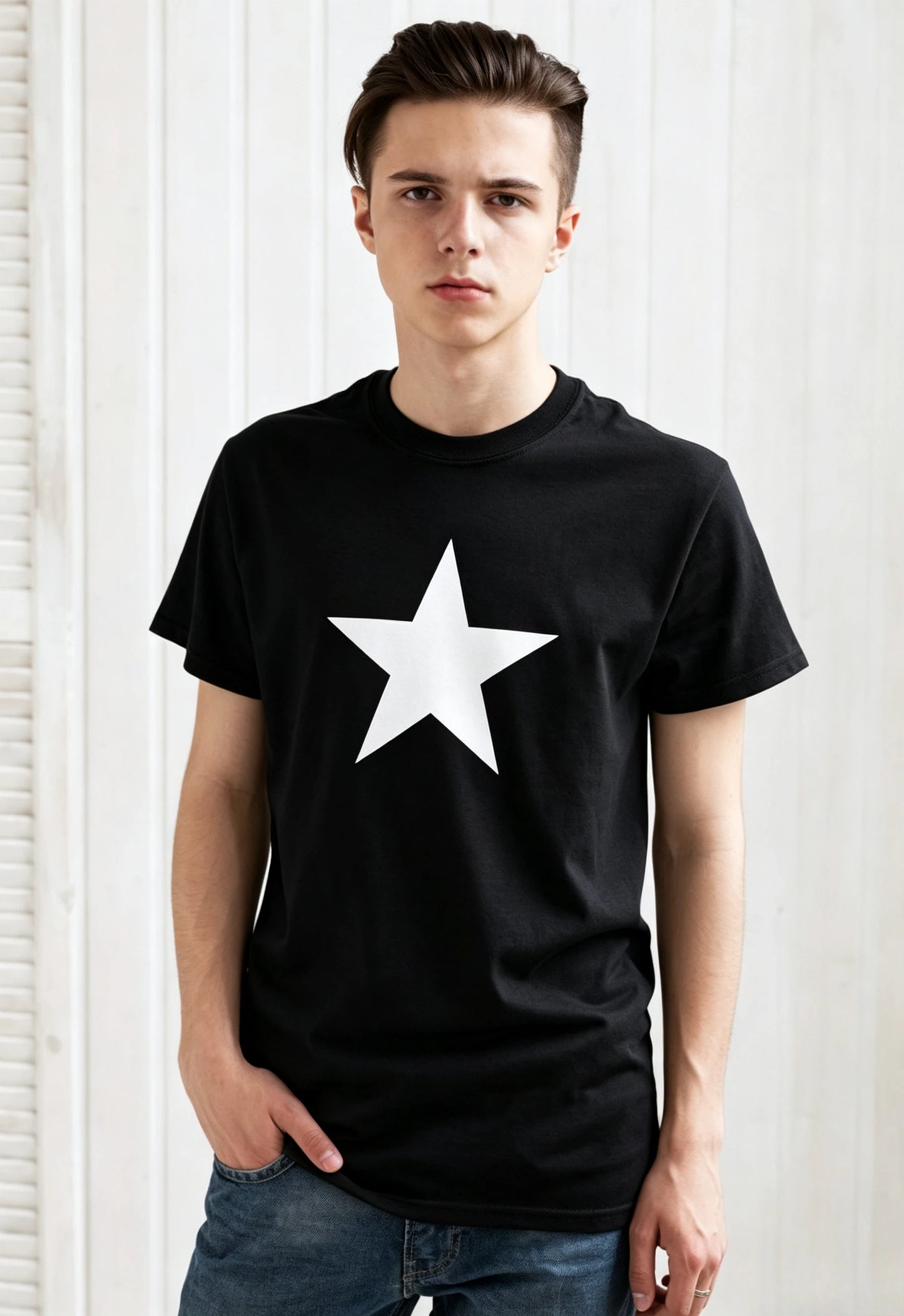Black Star T Shirt Minimalist Abstract Geometric Streetwear Skater Urban Gym Fashion Retro Vintage Mens Graphic Printed Tee