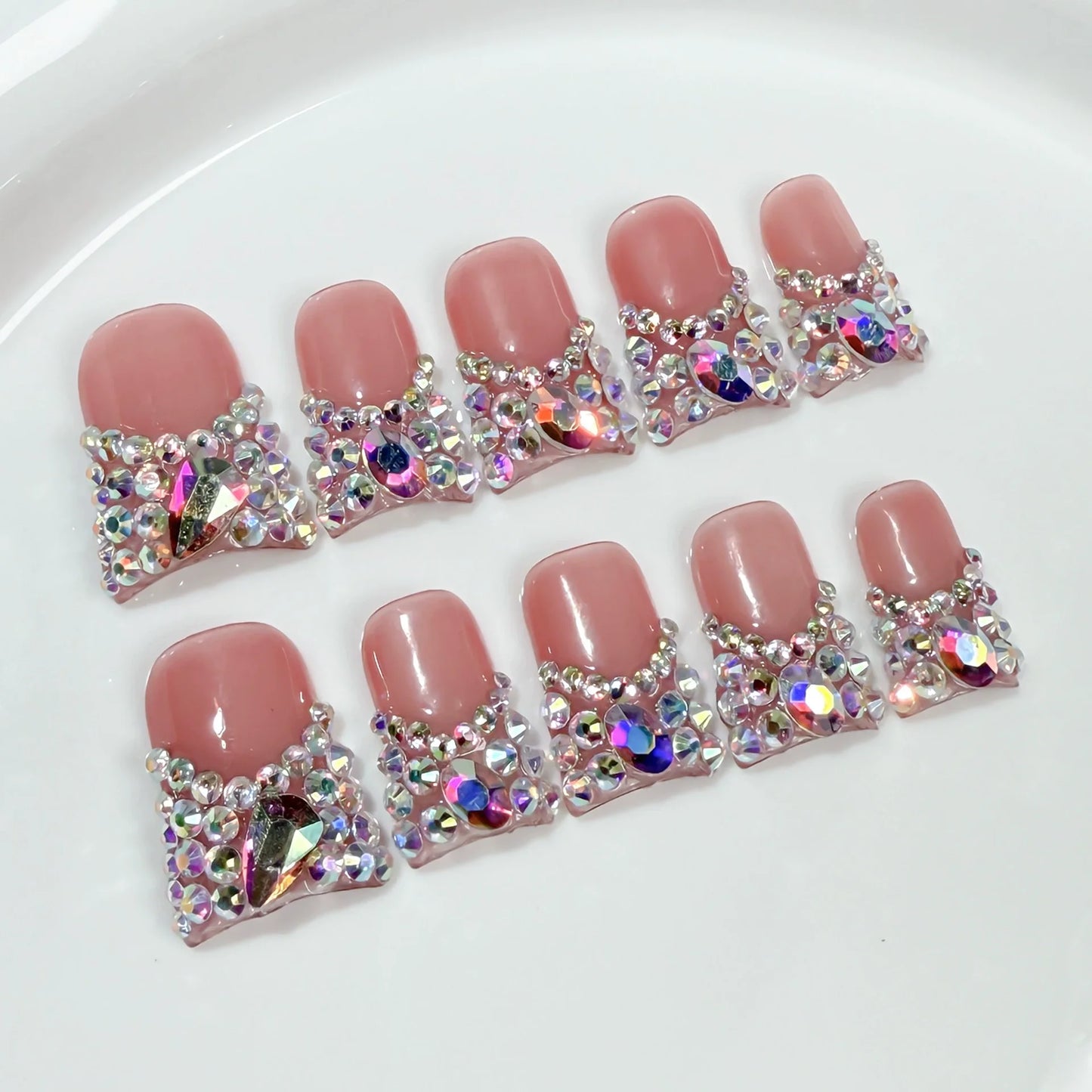 10pcs French Duck Bill Fake Nails 3D Heart Ruby Nail Art Metal Rhinestone Handmade Press on Nails Luxurious Romantic False Nails