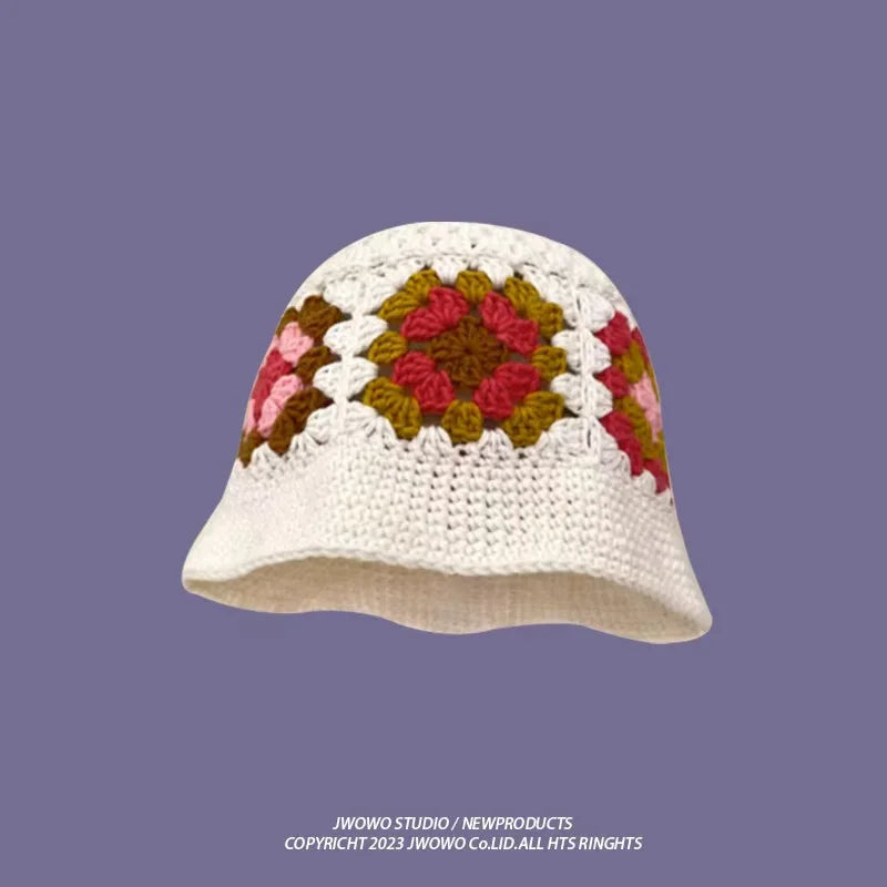 2023 Autumn New Crochet Korean Handmade Bucket Hat Women Weaving Knitted Hat  Fashion Flowers Autumn Winter Beanies Basin Cap