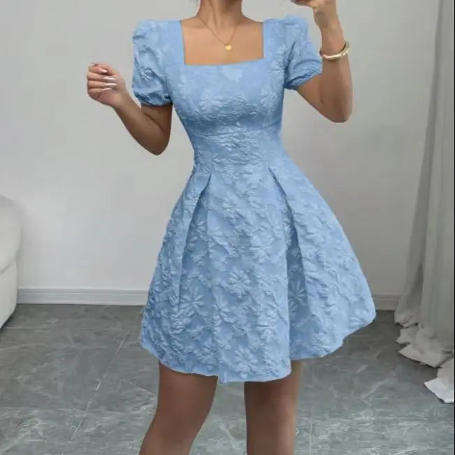 Smvp Ladies' light blue jacquard A-line dress, square neck, puffed sleeves, high waist, elegant and casual short dress
