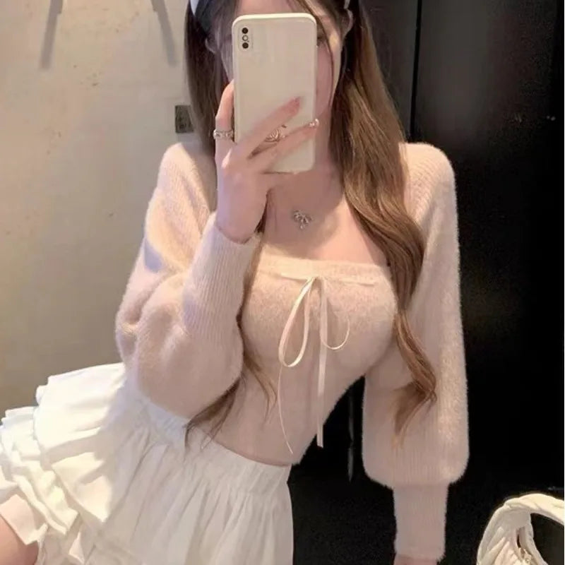 Autumn and Winter Soft Imitation Mink Fur Strap Knitted Top, Sweet and Spicy Long Sleeved Knitted Shawl+Tied Bow Strapless Vest