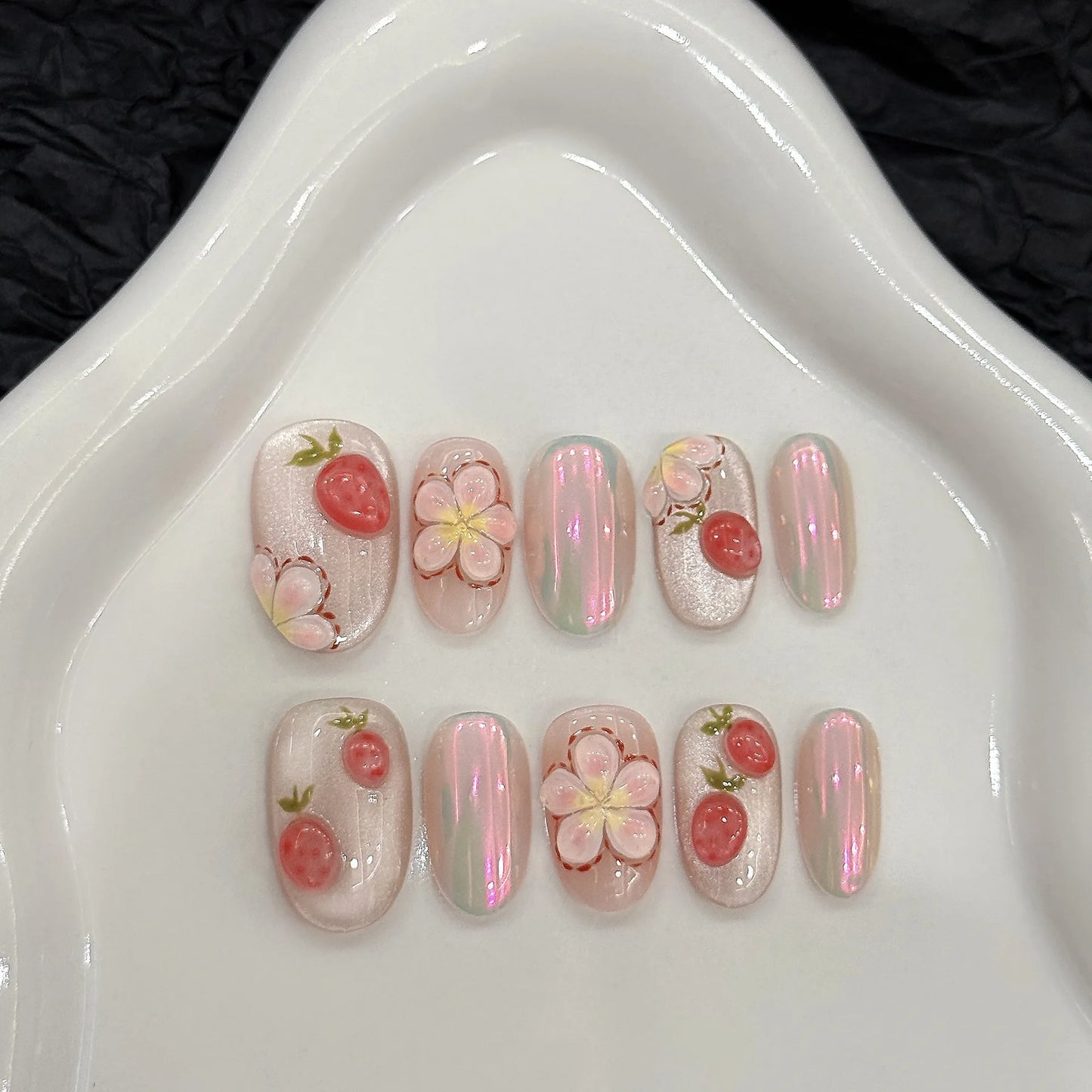10Pcs Short Handmade Pink Press on Nails Spring French Rhinestone Full Cover Fake Nail Plaid Manicure Wearable Nail Tips Art