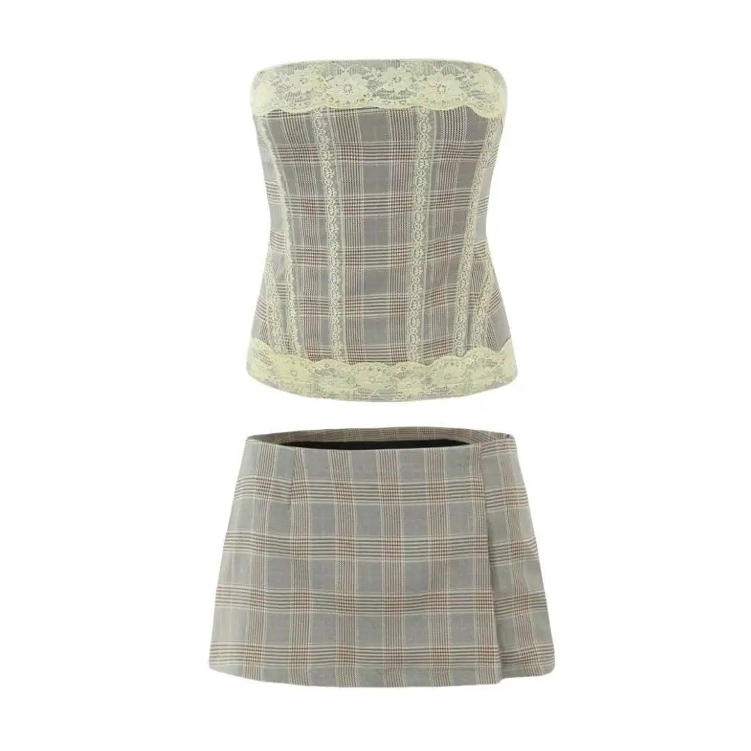 Women Off The Shoulder Strapless  LIBRA CORSET BROWN CHECK Top