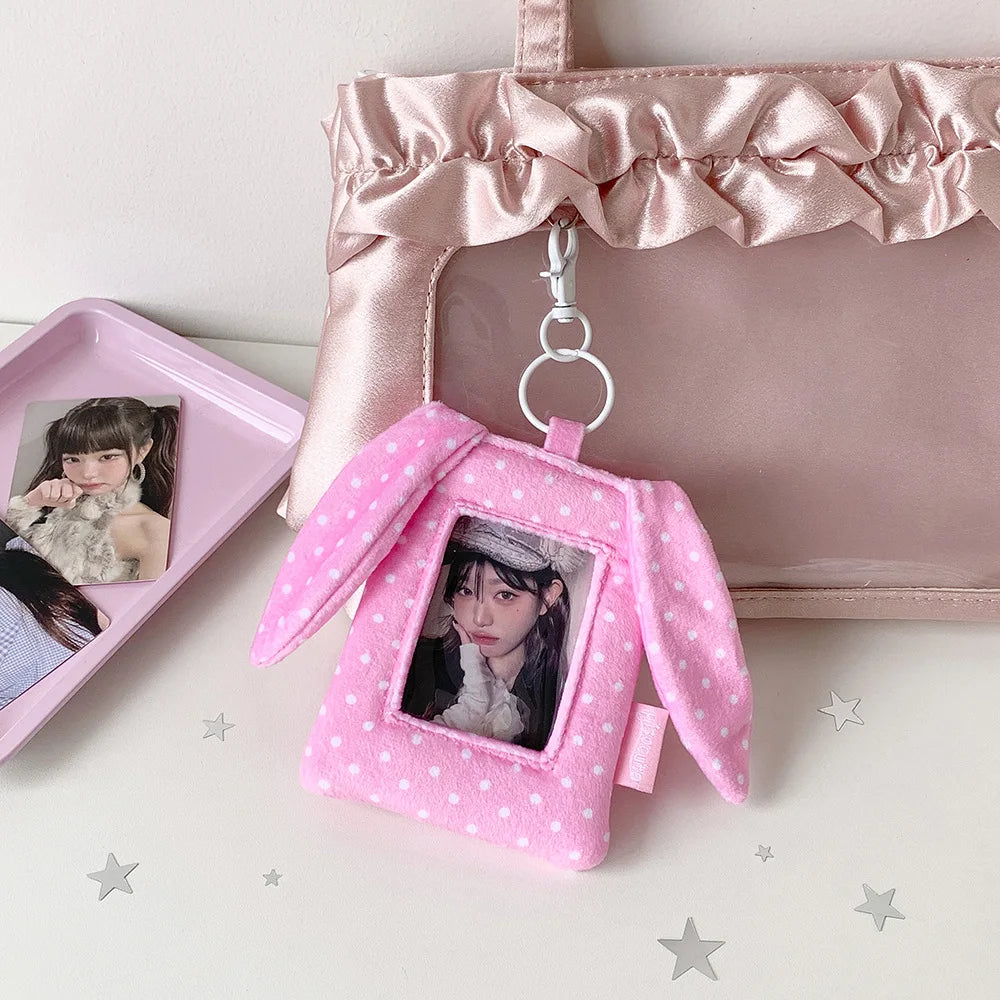 Cute Polka Dot Rabbit Ear 3 Inch Photocard Holder Keychain Korean Style Student Card Bag