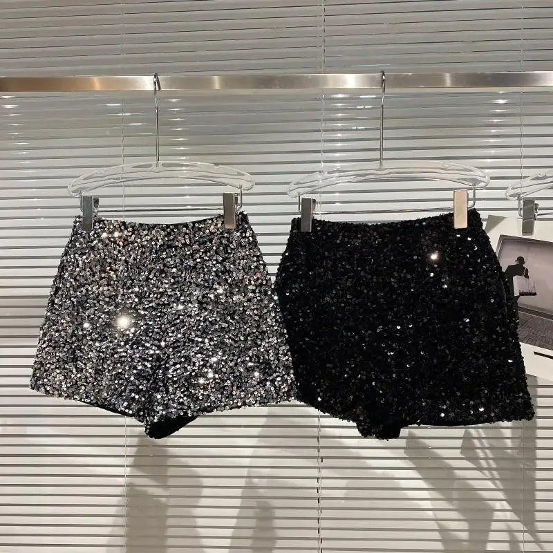2025  Noir Velours Shorts Femmes Paillettes Brillant Polyvalent Pantalons Courts Clubwear Shorts Pantalons Chauds Haute Rue