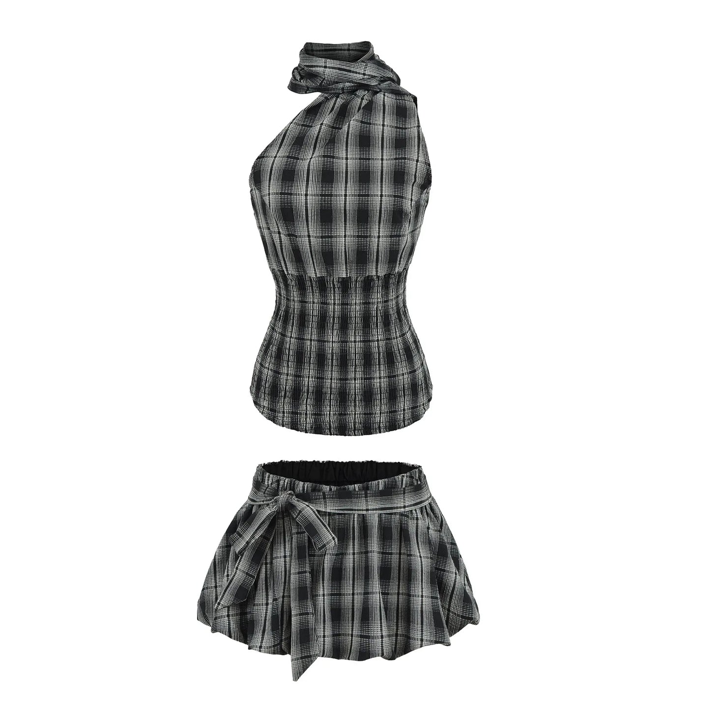 KADUWAKI Summer Plaid Printed Hanging Neck Sloping Shoulder Lace Up Slim Fit Top Khaki Mini A-line Fluffy Skirt 2-piece Sets Y2k