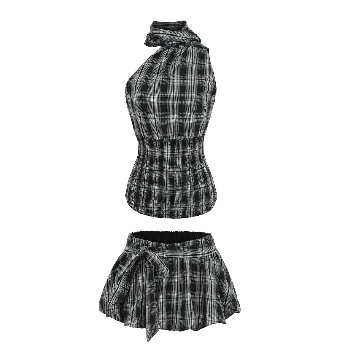 Y2K Plaid Halter Top & Fluffy Mini Skirt 2-Piece Set | Inspired by Sophia