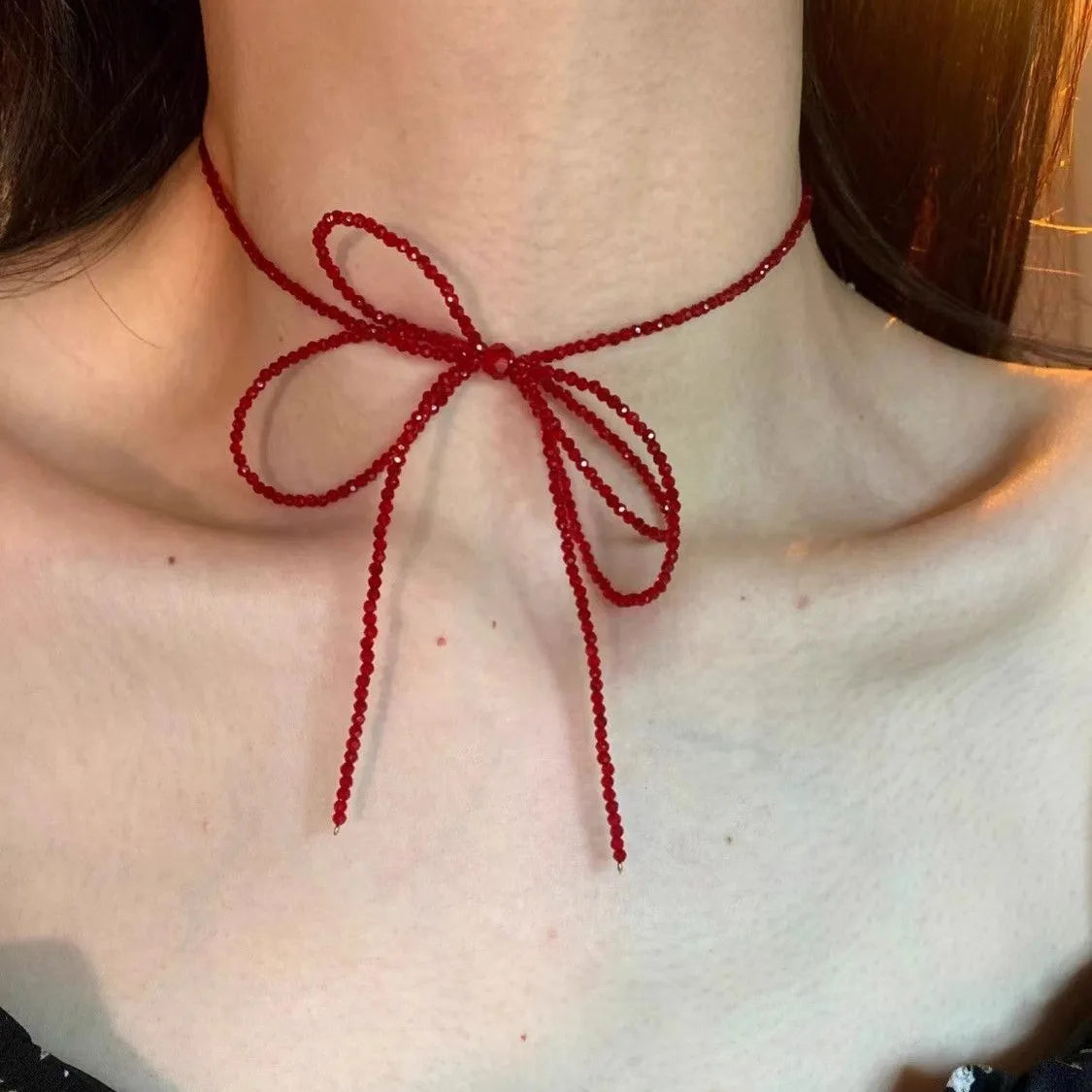 Vintage Red Crystal Bead Bow Necklace for Women Girls Sweet Cool Long Tassel Short Choker Necklace Unusual Y2K Jewelry Gifts