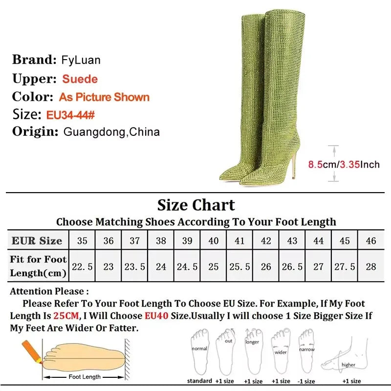 Gorgeous Rhinestones Boots Full Crystal Diamond Star Stage Shoes Women Pointy Knee-high 8.5CM Thin Heel Glitter Party Long Boots