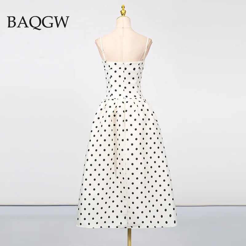 Vintage Dot Printing Slimming Long Dresses for Women Square Collar Sleeveless Backless High Waist Elegant Dress Female Style New