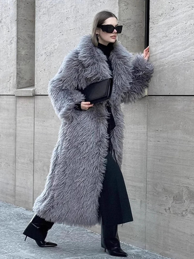 DEAT Fashion Gray Long Imitation Fur Coat Women's Lapel Loose Long Sleeves Plush Thick Overcoat Winter New 7A1438