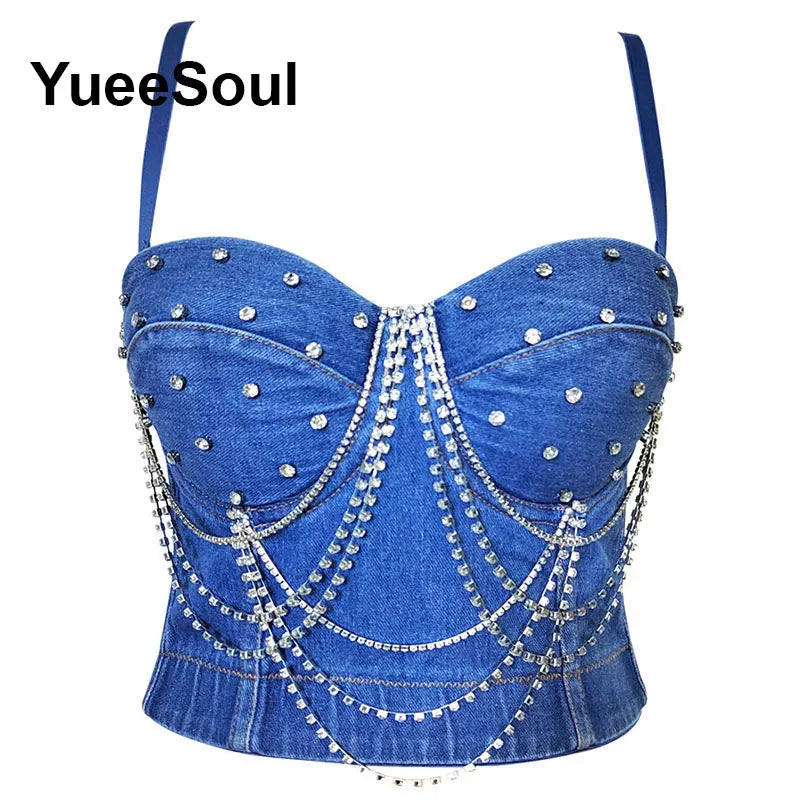 Denim Crop Tops Pearl Tassel Diamond Flower Blue Sleeveless Sexy Corset 2000s 2026 Summer New Y2K Party Evening Woman Clothes