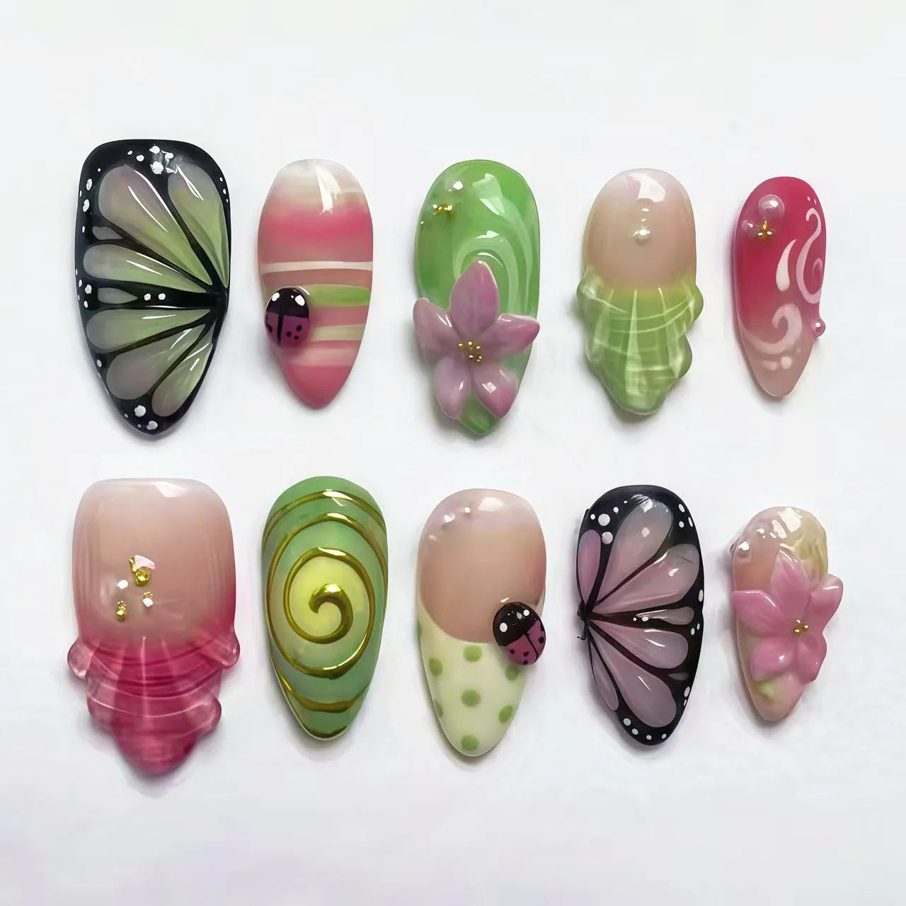 24PCS Sweet Purple Gradient French False Nails with Glue 3D Flowers Butterfly Ripples Almond Press on Nails Aurora Nails Patches