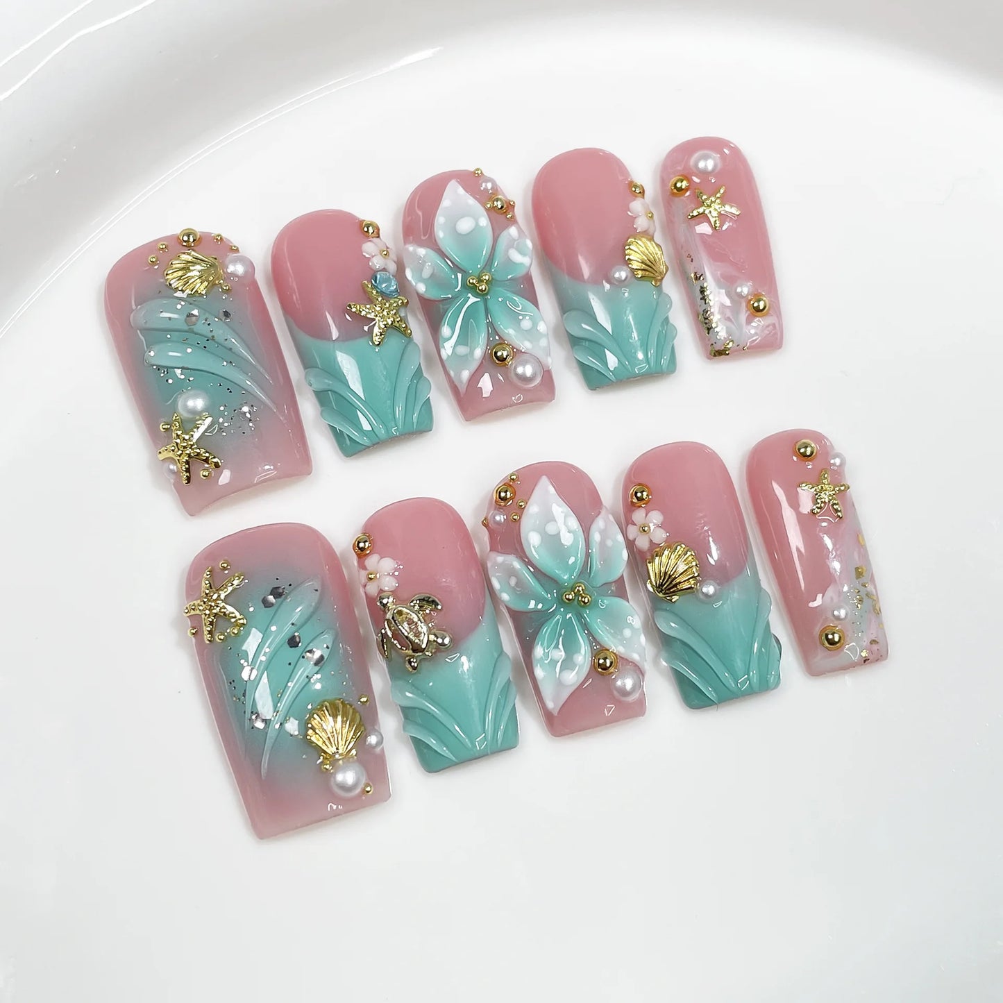 10pcs Dreamy Ocean Press on Nails 3D Flower Pearl Starfish Nail Art Gradient French False Nails Sweet Cool Square Fake Nails Tip