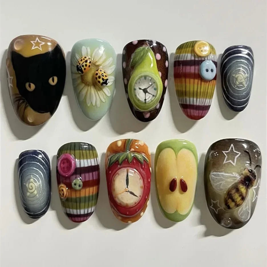 24pcs White Flower Fake Nail Tips Ins Yellow Pink Blush False Nails Wearable Full Cover European Almond Shaped Press on Nails