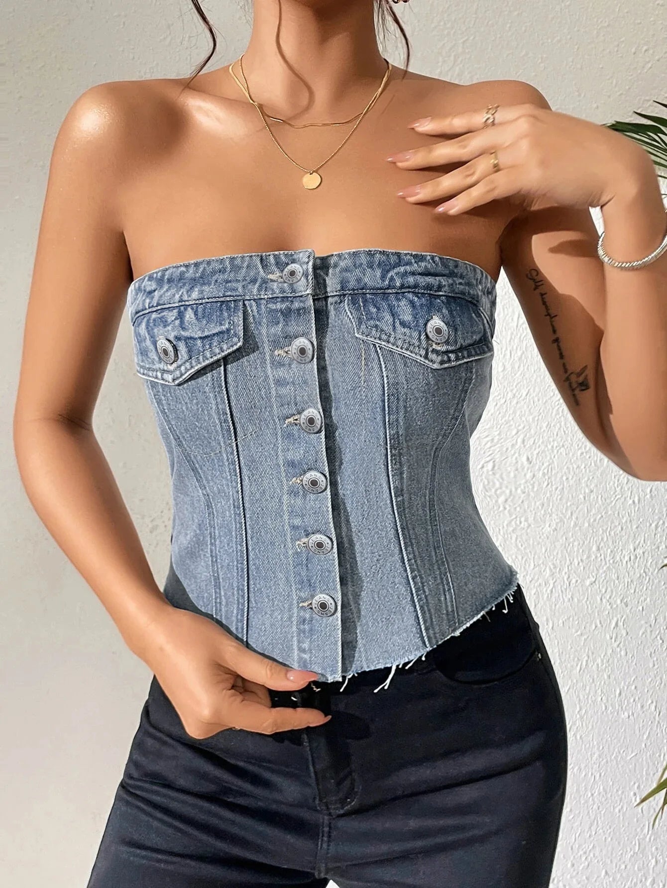 Denim Strapless Top Women Sleeveless Crop Tops Sexy Backless Single Breasted Washed Distressed Streetwear Y2k Camis Tanks Summer