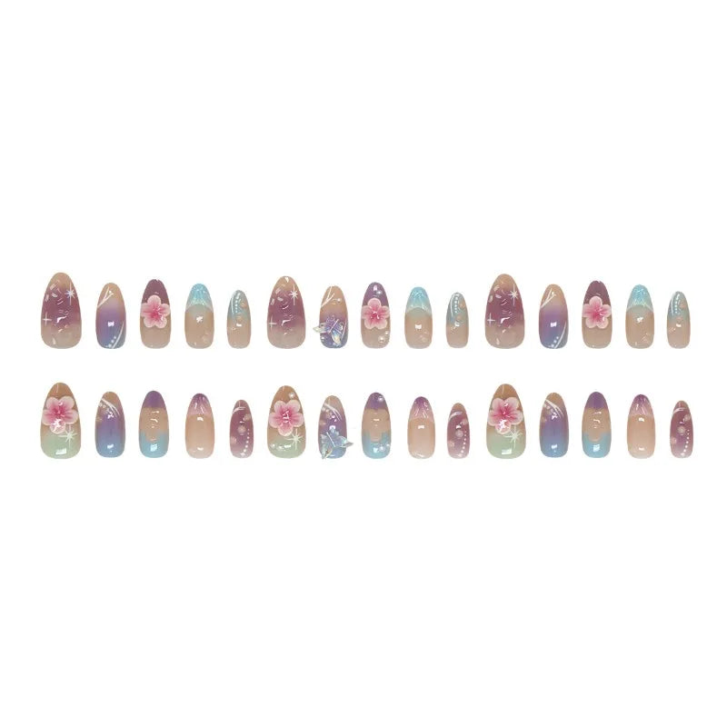 24PCS Sweet Purple Gradient French False Nails with Glue 3D Flowers Butterfly Ripples Almond Press on Nails Aurora Nails Patches