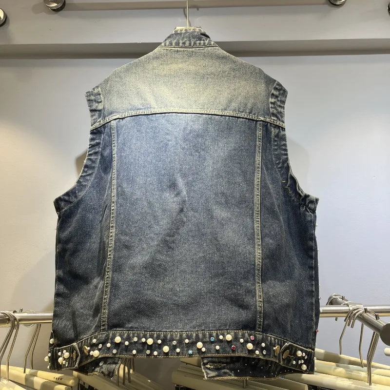 2026 Summer New Popular Women's Luxury Rhinestone Denim Vest Loose Slim Sleeveless Layering Fashion Waistcoat Top Y2k Clothes