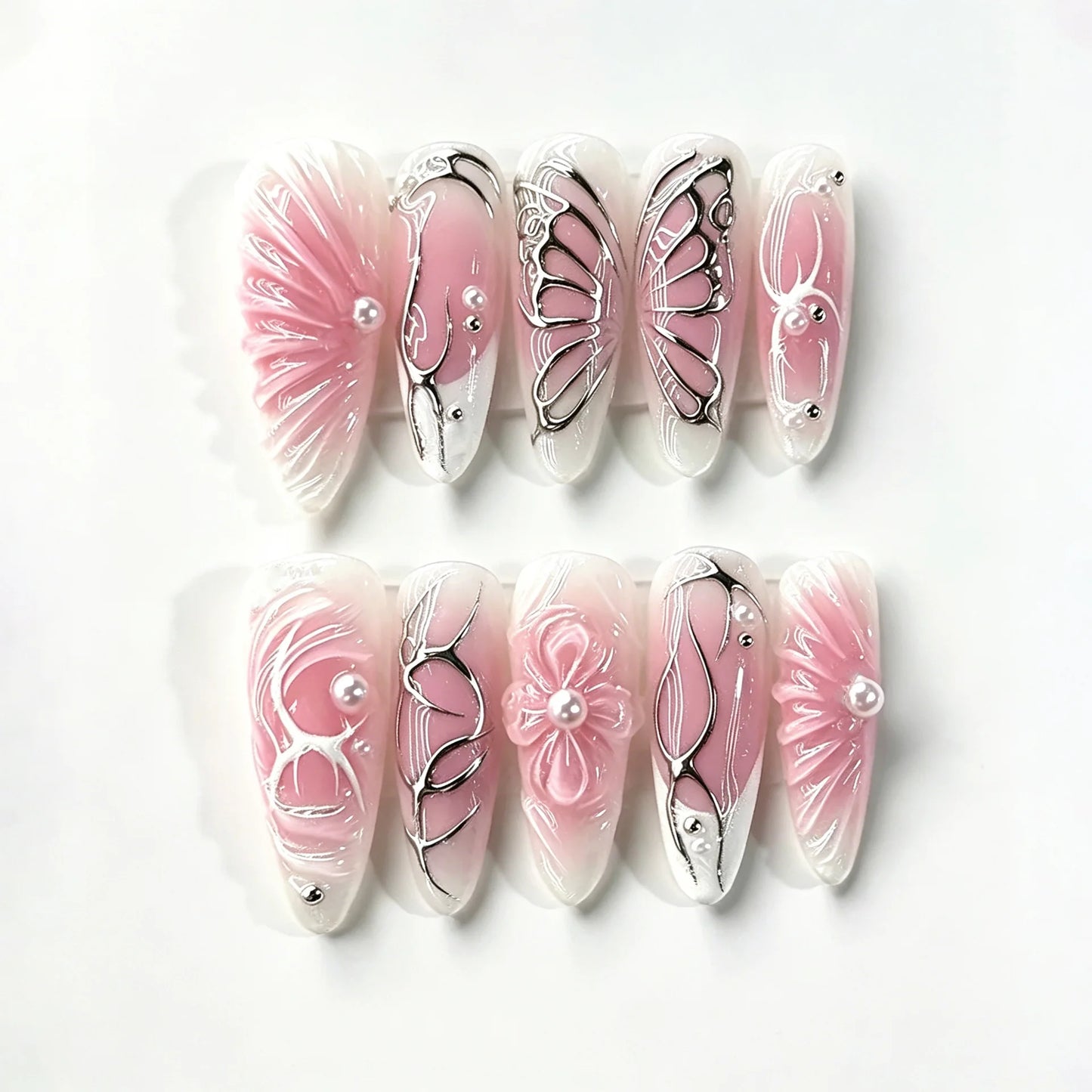 24PCS Sweet Purple Gradient French False Nails with Glue 3D Flowers Butterfly Ripples Almond Press on Nails Aurora Nails Patches