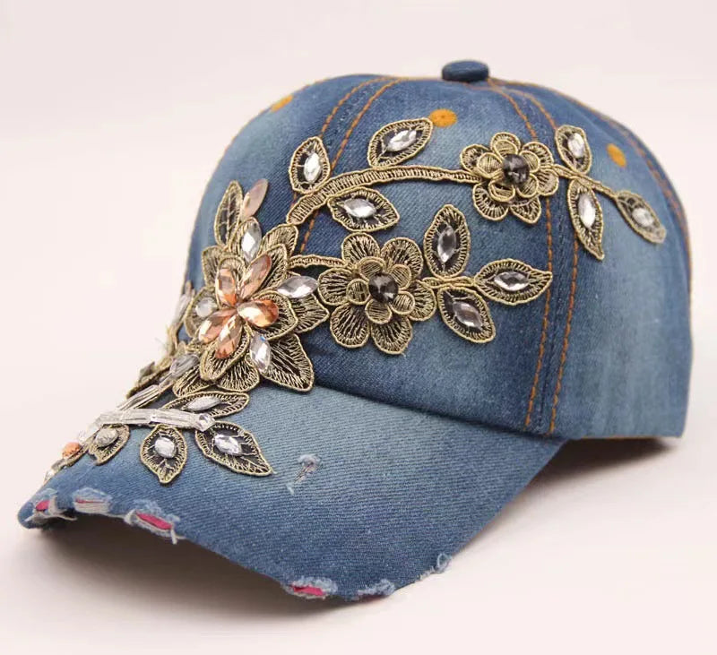 Ladies' Denim Hat Handcrafted Diamond-Studded Baseball Cap Floral Hat Fashion Rhinestone Visor Cap